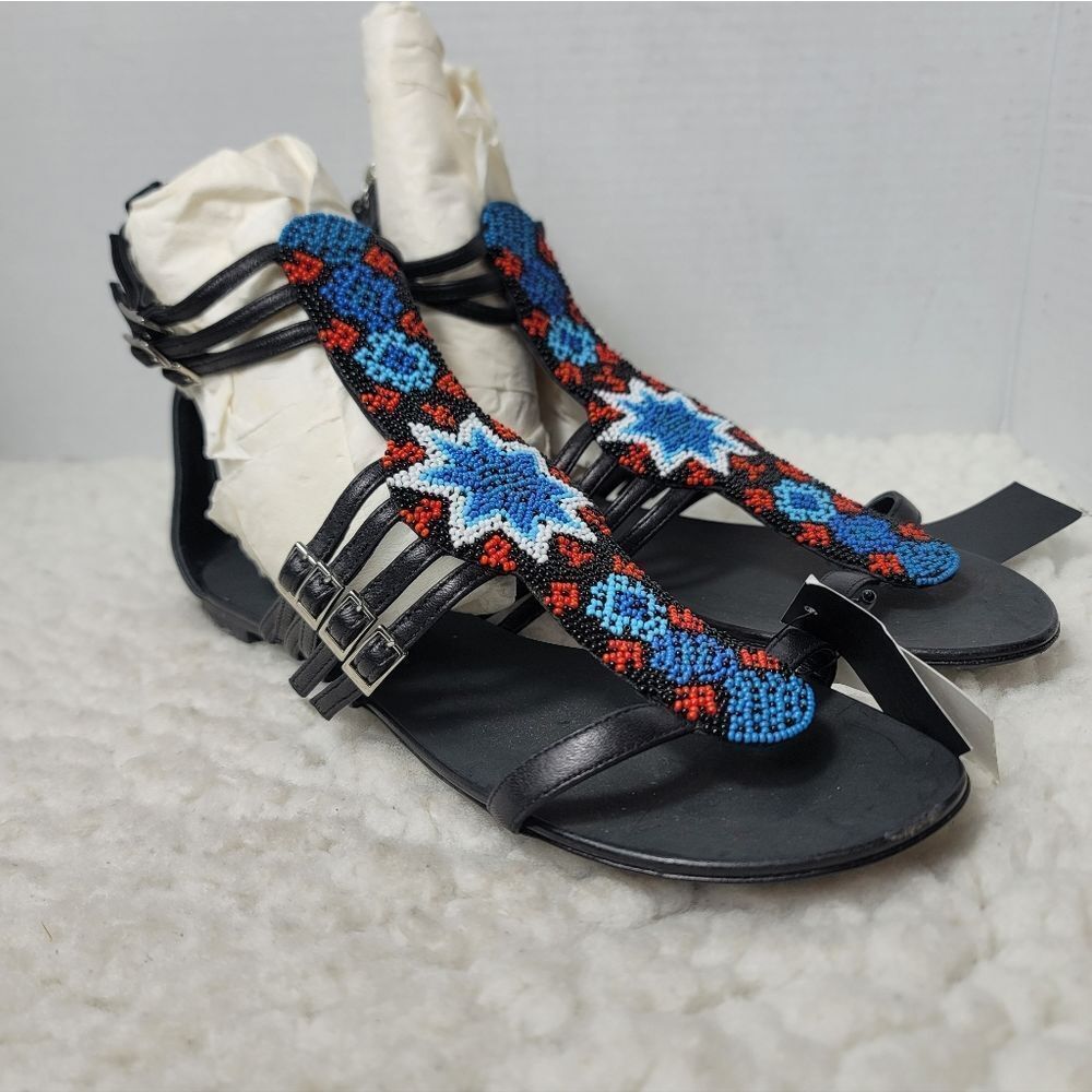 Giuseppe Zanotti x Balmain Beaded Gladiator Sandals Black Leather 39 Italy